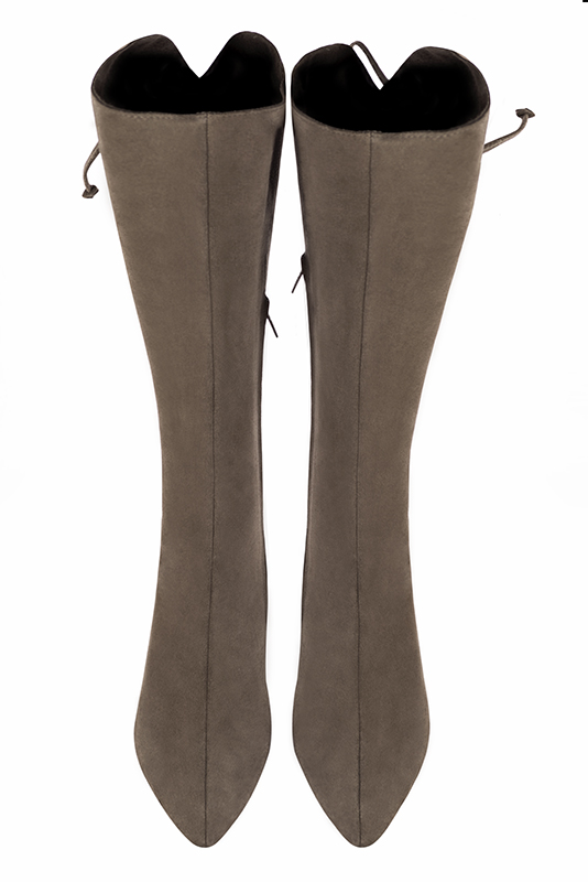 Custom-made women's taupe brown elegant knee-high boots, with laces at the back. Tapered toe. High slim heel - Top view